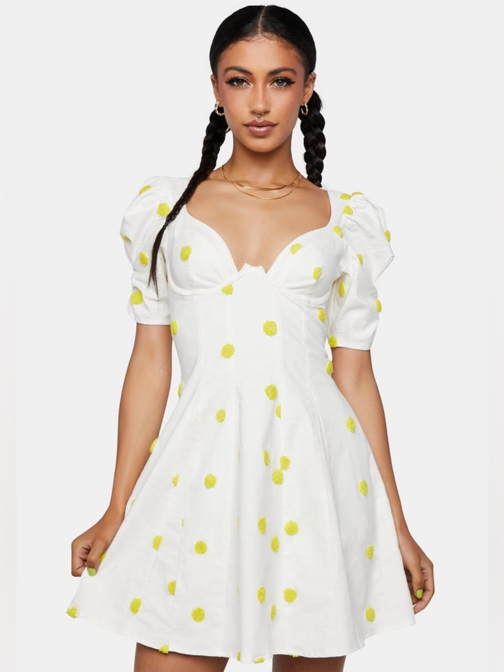 For Love And Lemons Claude White and Yellow Polka Dot Dress NWT
